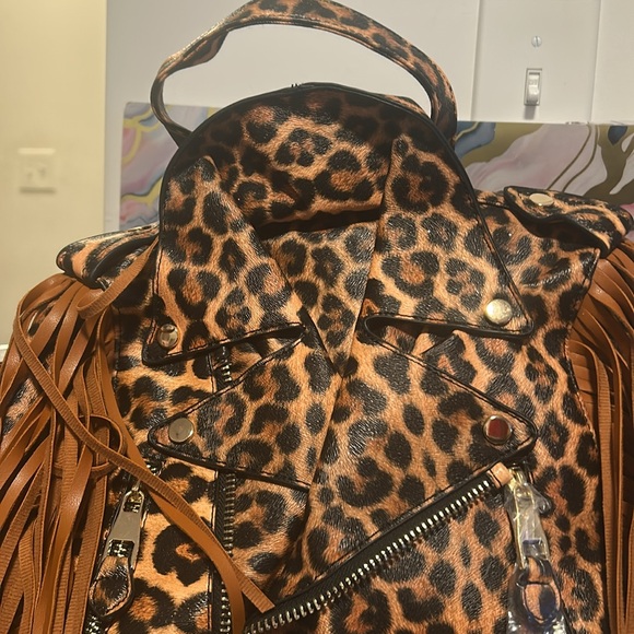 NWT Leopard Moto Jacket Fringe Backpack Handbag - Picture 5 of 8